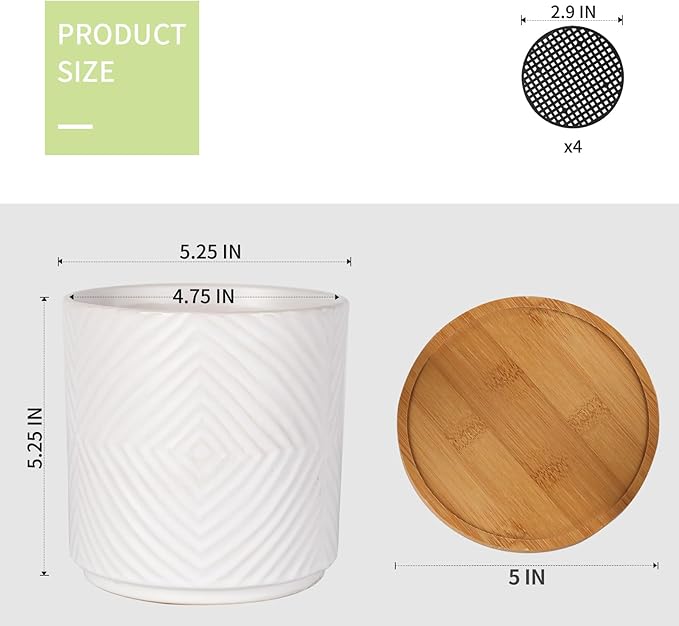 5.25 Inch Ceramic Planter Pot for Indoor Plants with Drainage Holes, Geometry Design White Flower Planter Pots with Bamboo Saucer, for Succulent, Snake Plants, Cactus & Herbs, Set of 4