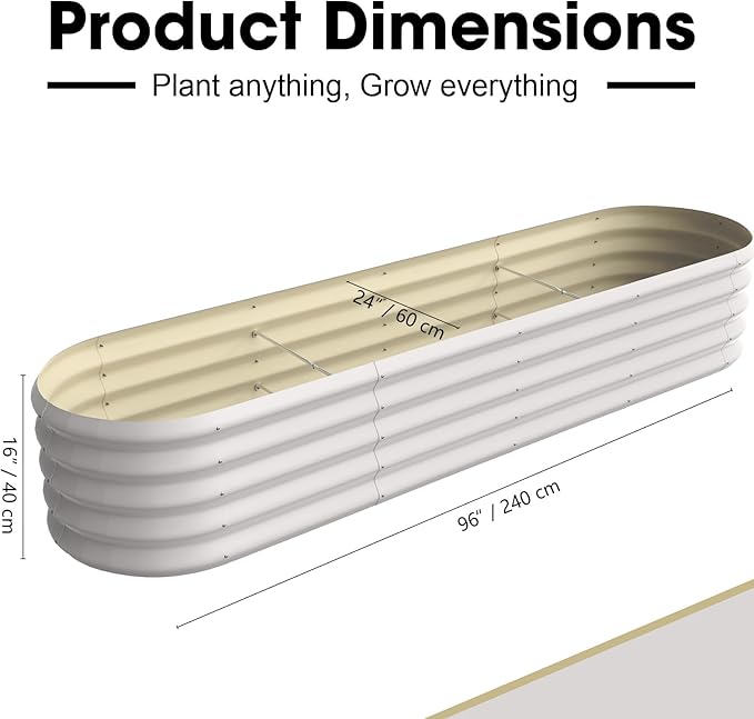 8x2ft Oval Galvanized Raised Garden Bed Kits 16" Tall Outdoor Large Metal Modular Planter Box 9-in-1 Raised Beds for Gardening,Vegetables,Fruits,Flowers & Herbs (White)