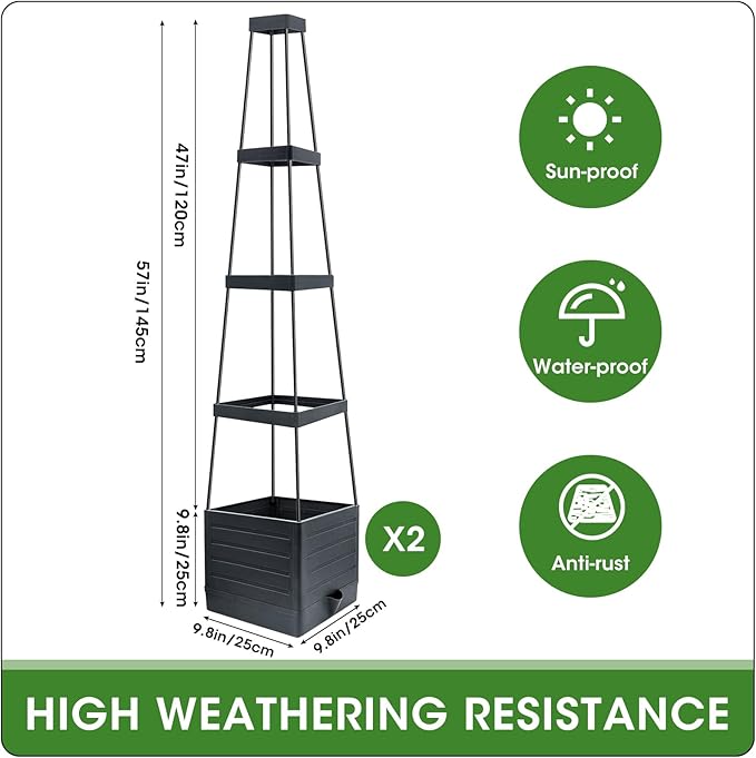 MQFORU 2 Packs Raised Garden Bed Tomato Planter with Trellis, 57" Tomato Cages for Climbing Vegetables Plant, Self Watering Planters Box for Garden Pots for Patio Greenhouse Indoor Outdoor（2PCS）