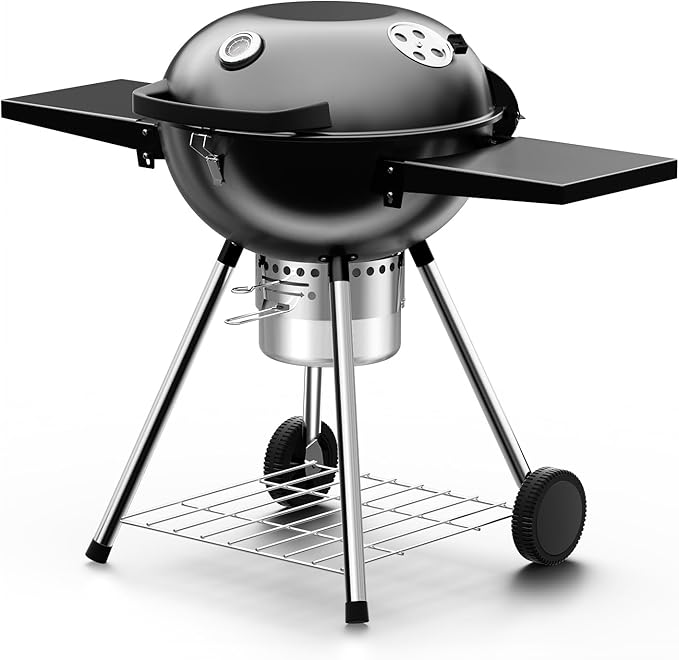 Premium 22 Inch Charcoal Grills with 2 Foldable Tables, BBQ Grill with Cover, Outdoor Barbecue Grill with Ash Catcher, Portable Charcoal Kettle Grills with Wheels for Camping Party Backyard