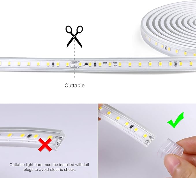 AIMENGTE LED Strip Lights Outdoor Waterproof, 600 LEDs, 6500K Cool White, 16.4ft LED Rope Lights for Bedroom, Kitchen, Garden, Patio, Indoor Christmas Decoration, AC 110V