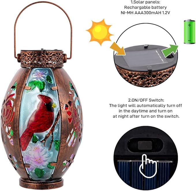 Starsoul Cardinal Outdoor Solar Lantern - Metal & Stained Glass Cardinal Solar Light, Waterproof Tabletop Lamp with Hollowed-Out Design for Yard, Patio, Garden, Pathway