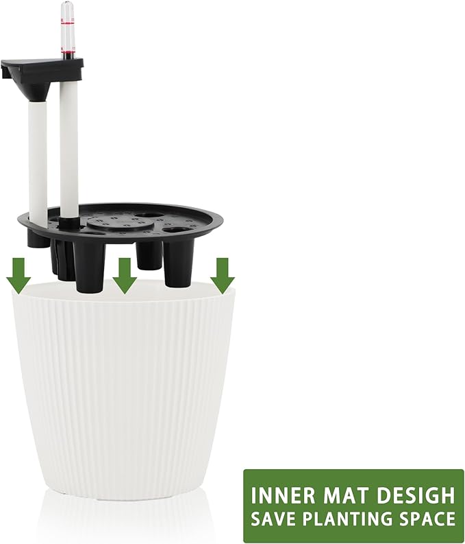 Dexceder 9x8 Self Watering Planters Indoor, Inner Mat Design, Table Flower Plant Pot with Water Level Indicator (2 Pack, White)