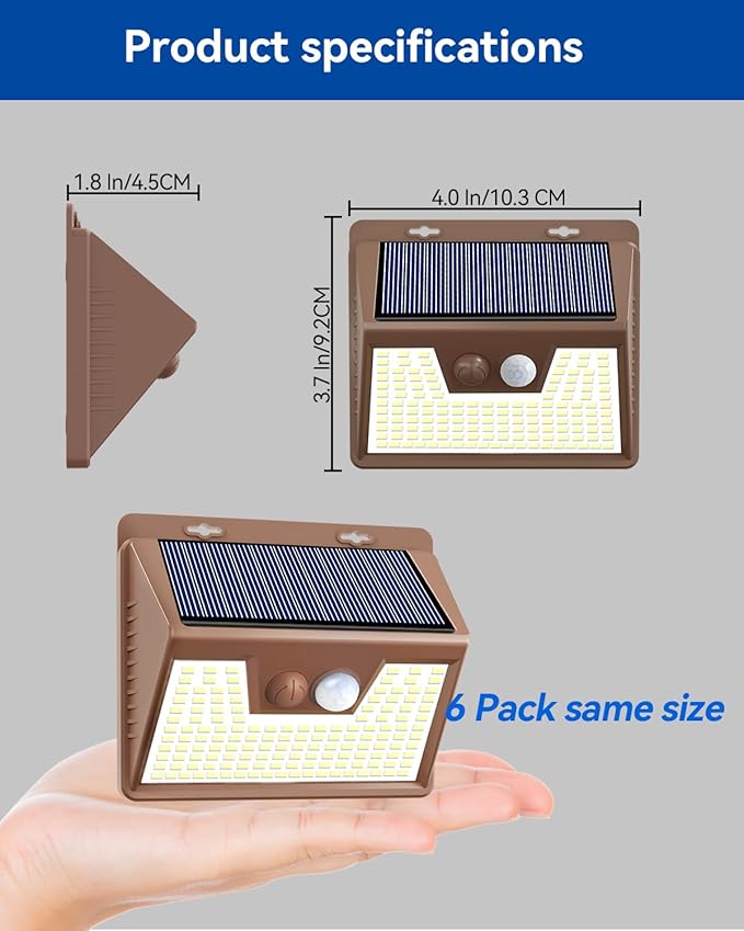 Peasur Solar Lights Outdoor Motion Sensor [6 Pack/140LED/Brown], Ultra-Bright 3 Mode Fence Security Light Waterproof, Solar Wall Lighting for Patio Yard Step House Outside
