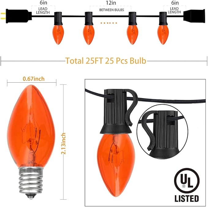 Christmas Orange String Lights Outdoor, 25Ft C7 Christmas Decorations Lights with 27 Clear Orange Bulbs (2 Spare), Waterproof Vintage Christmas Lights for Patio Halloween Party Holiday Garden- Black