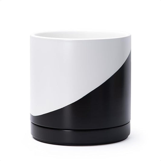 D'vine Dev 8.2 Inch Ceramic Planter Pot with Drainage Hole and Saucer, Indoor Cylinder Round Planter Pot, Oblique Monochrome Black and White, 94-O-D-K
