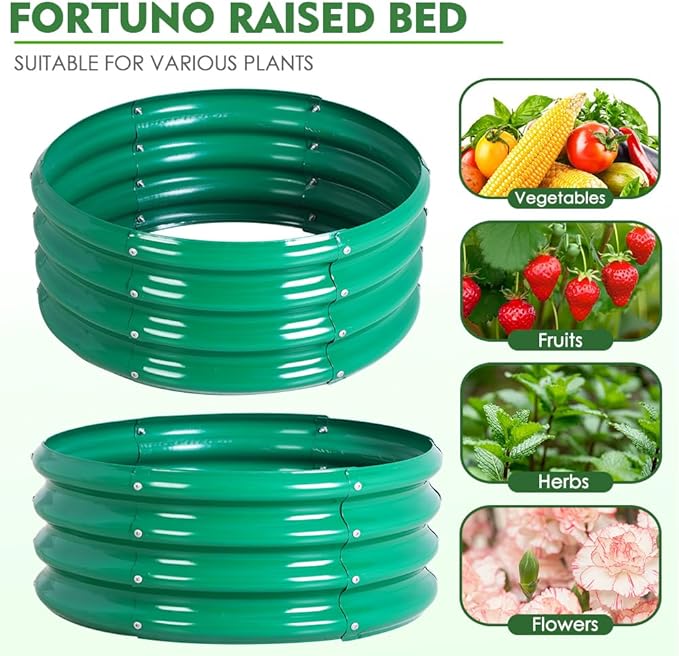FORTUNO 2 Pcs 2 Ft Round Raised Garden Bed Box Galvanized Metal Outdoor High Flower Bed Steel Patio Ground Planter for Planting Vegetables and Herbs, Green