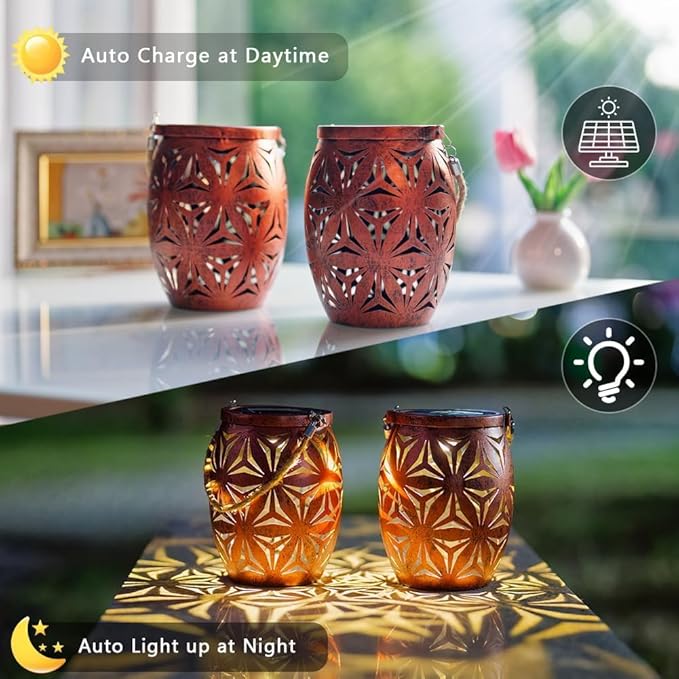 Solar Outdoor Lanterns with Floral Design，LED Garden Lights，Outdoor Solar Table Lantern Waterproof Brown Flower Hollowed，Table Lamp for Indoor/Outdoor Patio Porch Lawn Pathway Indoor