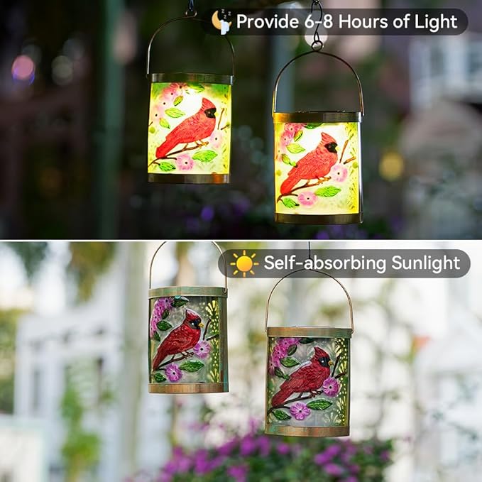 Starsoul 2 Pack Hanging Solar Lantern Outdoor Waterproof Glass Red Cardinal Decorative Solar Lights for Outside Garden Yard Table Patio Decor Cardinal Gifts