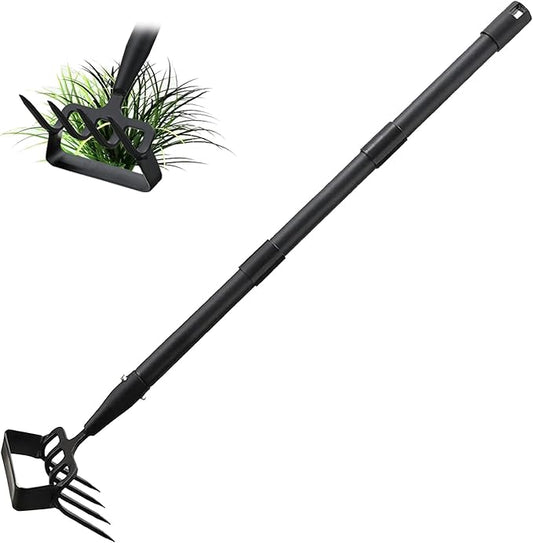 INFLATION Stirrup Hand Hula Hoe Heavy Duty Metal Gardening Weed Puller Tool 4 Tines Prong 2-in-1 Herb Stripper Yard Rake for Women Kids Men Garden Grandpas Weeder 32-62 inch Long Adjustable Handle