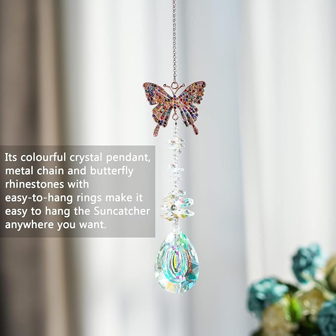 Suncatcher with Crystals,Colorful Crystal Butterfly Rhinestones Suncatcher Window Hanging,Crystal Prism Hanging Ornament,Rainbow Maker Decoration for Home, Garden, Wedding, Party & Christmas