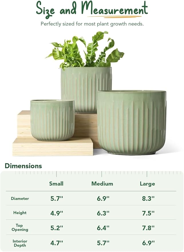 LE TAUCI Fluted Ceramic Planters Set of 3 – 8.3/7 / 5.7 in Sage Green Reactive Cylinder Indoor Plant Pots with Drainage Plug & Mesh, Glossy Stoneware Flower Pots for Succulents Herbs