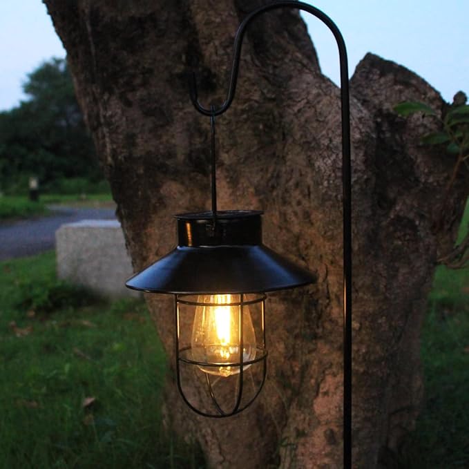 Solar Lantern 2pack Outdoor Hanging Light- Waterproof Vintage Metal Light with Shepherd Hook Decorative for Patio, Backyard, Porch, Yard (Black)