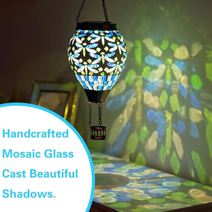 Starsoul Mosaic Dragonfly Hot Air Balloon Solar Lantern Glass Outdoor Hanging Hot Air Balloon Solar Flickering Flame Light Waterproof Garden Patio Yard Party Decorations