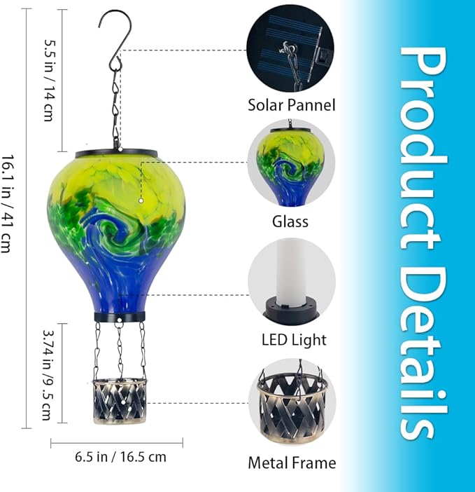 Tie-Dye Style Solar Hot Air Balloon Lantern with Flame, Glass Hot Air Balloon Solar Lantern Waterproof Outdoor Lanterns Decorative Lamp for Patio, Garden, Porch