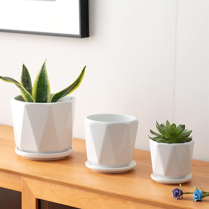 Octagon Ceramic Plant Pots - Indoor White Flower Planter Set with Drainage Holes, 6.7/5.5/4.7 Inch, Modern Decorative Planter Outdoor for Succulents Snakes and Herb