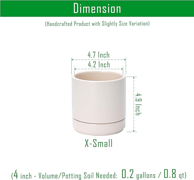 D'vine Dev Set of 2 Plants Pots, 4.7 Inch Ceramic Planter Pot for Plants with Drainage Hole and Saucer, Oatmeal, 94-V-B-8