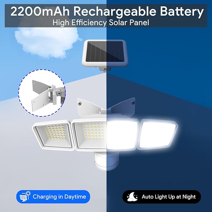 Energetic Solar Outdoor Lights, 1800LM 192 LED Security Motion Sensor Outdoor Lights with Remote Control, IP65 Waterproof Floodlight, 3 Head Motion Detected Spotlight for Garage, Pack of 2 (White)