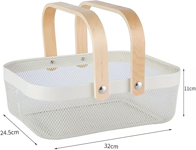 Metal Mesh Steel Basket, Storage Organizer Basket Garden Harvest Basket Multi-functional Kitchen Fruit Baskets Bin with Wooden Handle for Bathroom Picnic Shopping Decor Cabinet Home, White