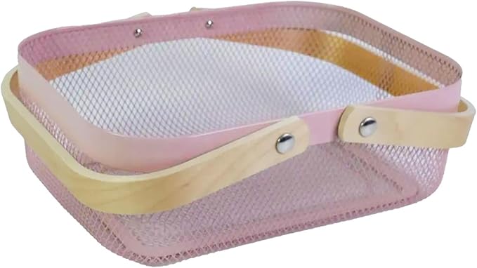 Metal Mesh Steel Basket, Storage Organizer Basket Garden Harvest Basket Multi-functional Kitchen Fruit Baskets Bin with Wooden Handle for Bathroom Picnic Shopping Decor Cabinet Home, Pink