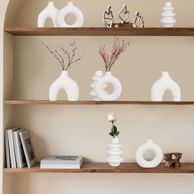 Ceramic Vase Set of 3, Small Flower Vase for Home Decor, Decorative Vases for Pampas Grass & Dried Flowers, Living Room, Bedroom, Bathroom, Shelf Centerpiece Table Decorations