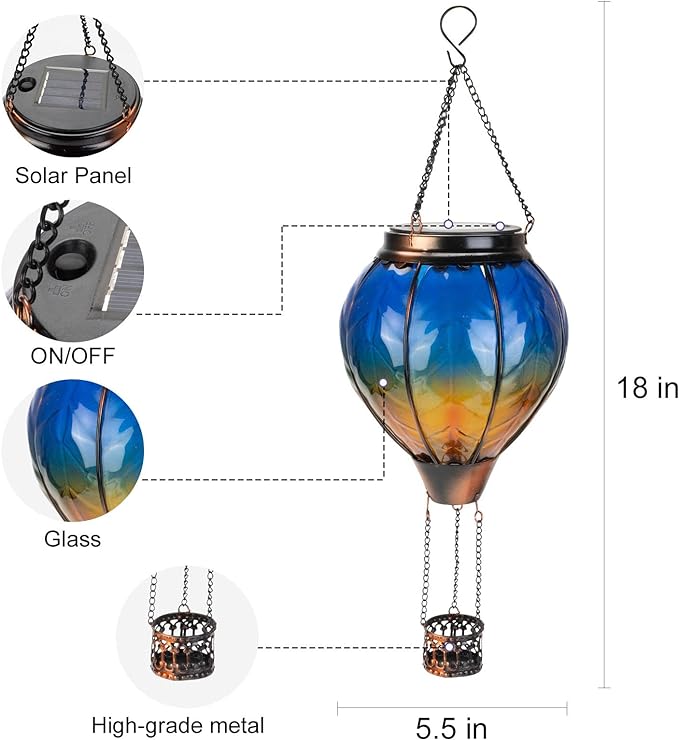 pearlstar Hot Air Balloon Solar Lantern with Flickering Flame Light, Outdoor Solar Hanging Lights Waterproof for Garden Yard Patio Farmhouse Decoration,Stained Glass Blue