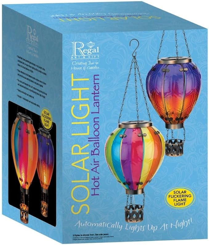 Regal Art & Gift Hot Air Balloon Solar Lantern – Hanging Solar-Powered LED Lights, Waterproof Portable Decorative Outdoor Lamp Made of Metal & Glass for Garden, Patios & Pathway – Stripe (Large)