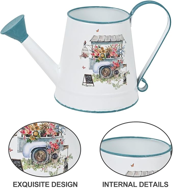 Cute Small Watering Can Indoor Plants Garden Metal Decorative Watering Cans for Outdoor Plants Bonsai Outdoor Garden Flower Decorative (White Blue, 1.5L, 50.7 Oz)