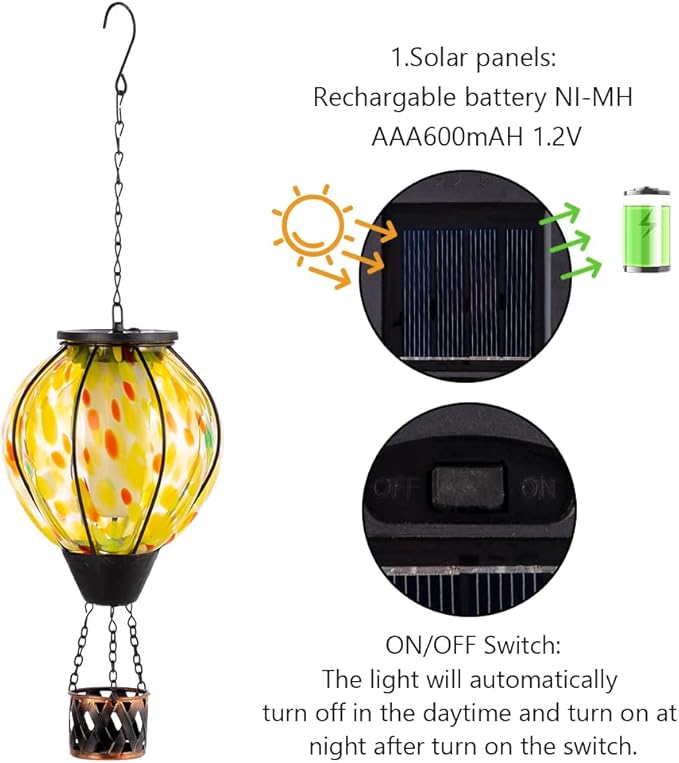 2PCS Hot Air Balloon Solar Lanterns with Flickering Flame,Yellow Glass Hanging Solar Lanterns Outdoor Waterproof Hot Air Balloon Light for Patio Tree Yard Garden Decor,Garden Gift for Women