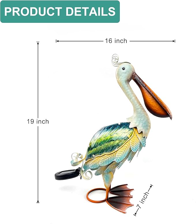 HONGLAND Solar Metal Pelican Statues Garden Sculpture & Statues, Glass Outdoor Pelican Yard Art Coastal Ocean Bird Decor Lawn Ornament for Backyard Porch Patio Decor（19 Inch）