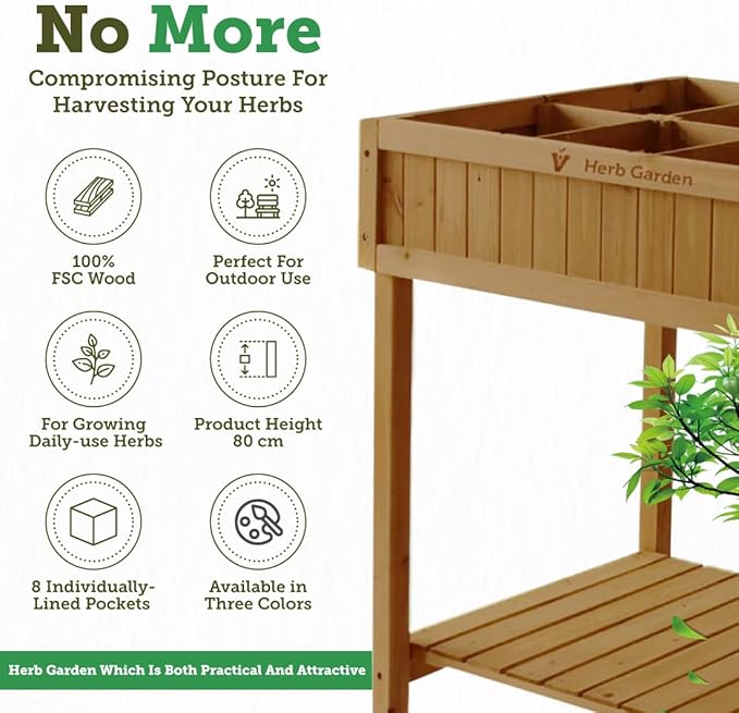 VegTrug 8 Pocket Garden, Wooden Planter with Herb Snips, Natural