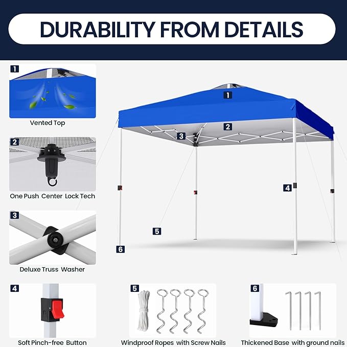 Shades 10x10 Pop Up Canopy with One Push Setup,Heavy Duty Beach Tent with Wheels for Easy Moving, Sun Shelter for Parties,Events, Outdoor Gazebo with 420D Coated Waterproof Blue Fabric