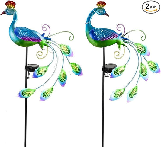 DREAMSOUL 2 Pack Peacock Solar Lights Outdoor Waterproof, Metal Outdoor Solar Lights for Yard Garden Peacock Decor