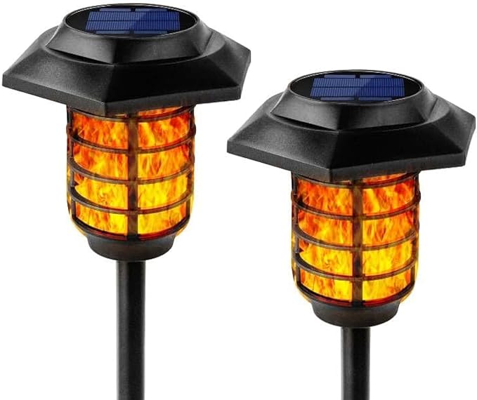 2Pack Solar Flame Lights Outdoor Solar Torch Lights Flickering Flame Solar Powered Auto On/Off Waterproof Security Path Lights for Walkway Garden Yard