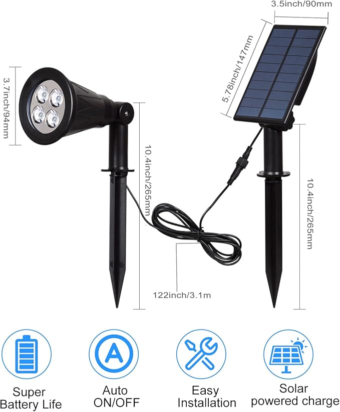 Solar Powered LED Spot Light, T-SUNUS 2 in 1 Installation Separated Panel and Light, IP65 Waterproof Outdoor Landscape Security Lighting for Patio,Yard,Garden,Driveway,Stair (2Pack White-6000K)