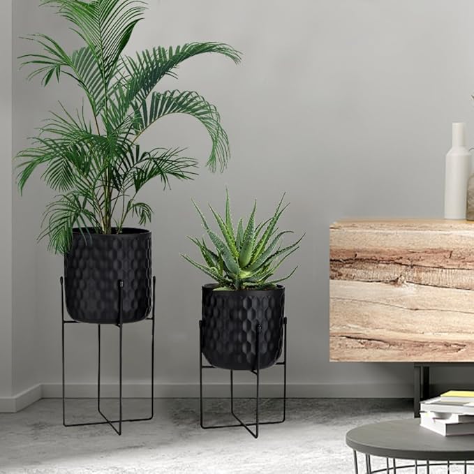 TRIROCKS Set of 2 Planters with Stand Indoor Outdoor Metal Plant Stand 8 * 18 &7 * 12 "Modern Planters Flower Pots for Living Room Corner Kitchen Office Garden Balcony Patio Decor(Black)