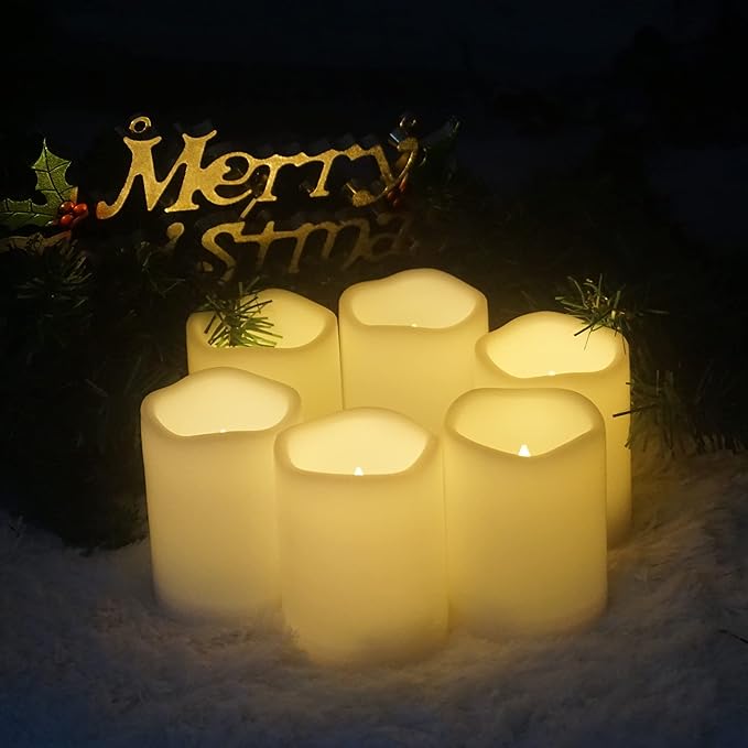 Waterproof Outdoor Battery Operated Flameless Pillar Candles with Timer White Plastic Realistic Flickering Fake Electric LED Lights for Lantern Garden Wedding Christmas Decorations 3”x4” 6 Pack