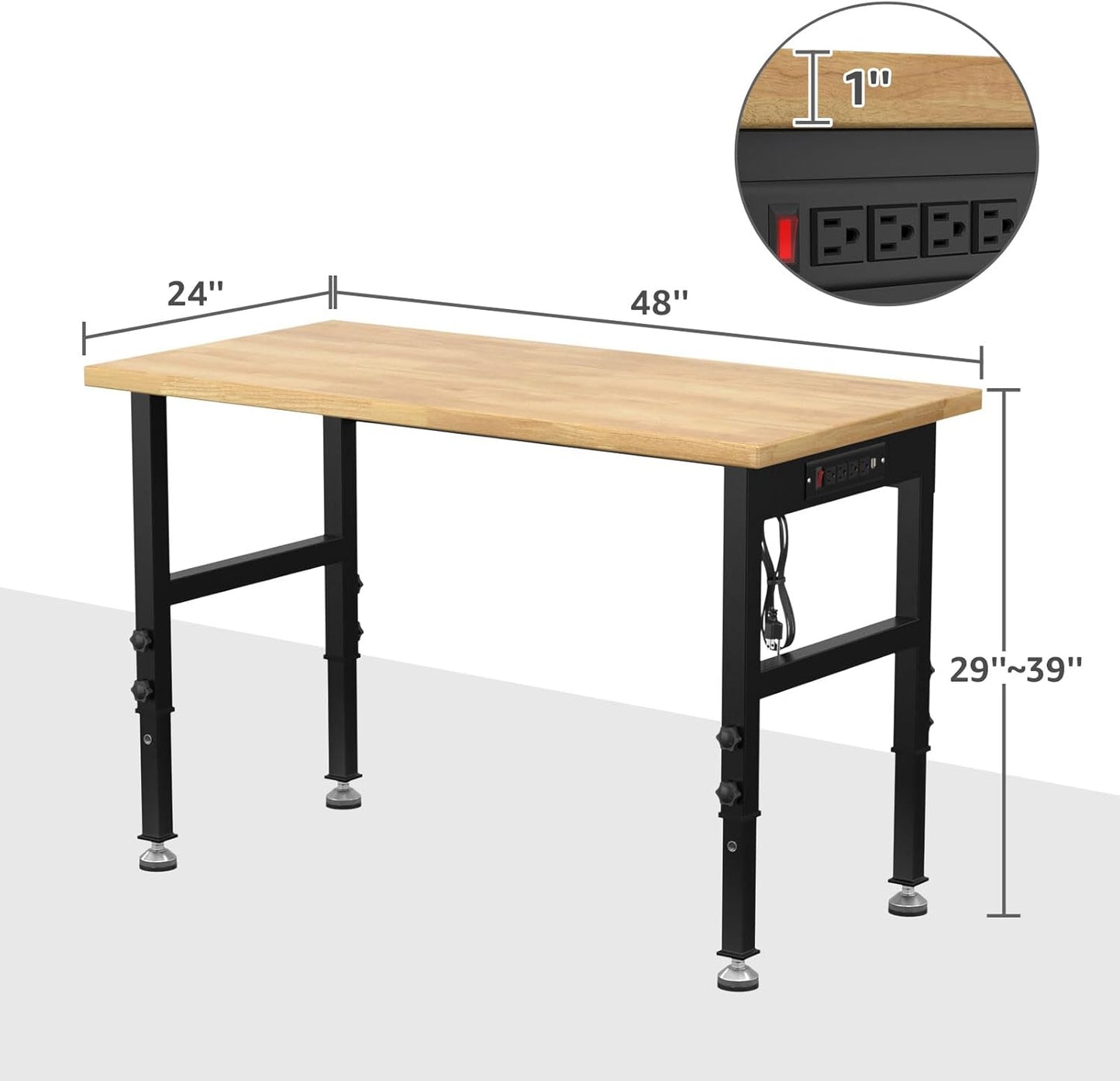 48" Adjustable Workbench,Heavy-Duty Work Table,3000 LBS Load Capacity Hardwood Workstation Outlets with Power Strips and Fixed feet,for Workshop, Garage