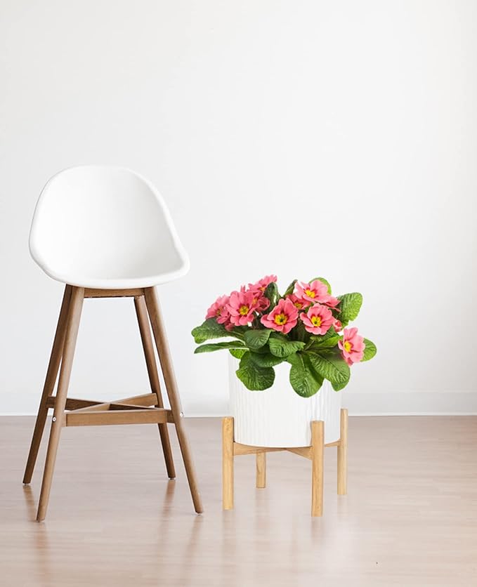 LaDoVita Ceramic Plant Pot with Stand, 10 Inch Planter with Wood Shelf, Modern Round Flower Pots Indoor with Wood Planter Holder, White Water Ripple Pattern