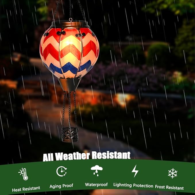 U.S Flag Hot Air Balloon Solar Lantern - Simulated Flickering Flame Stained Glass Light for Outdoor, Yard Hanging/ Waterproof IP65, Ideal 4th of July Gift for Patriot Veterans Patio Decor