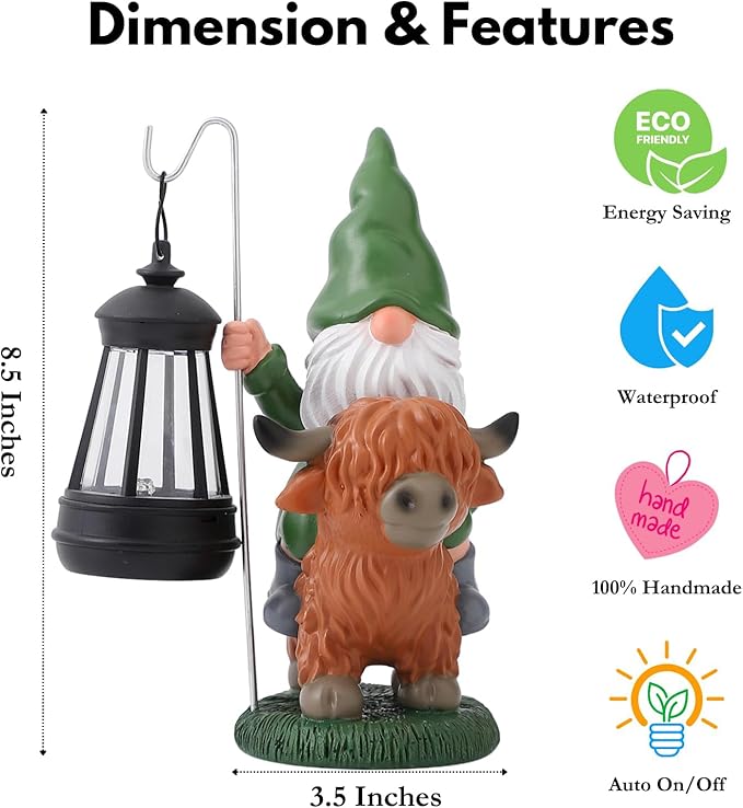 Garden Gnomes Outdoor, Highland Cow Decor, Gnome Garden Decor with Solar Lights, Gnomes Cow Decor for Outside, Gnomes Decorations for Yard, St Patricks Day Gnomes Decorations(Green)