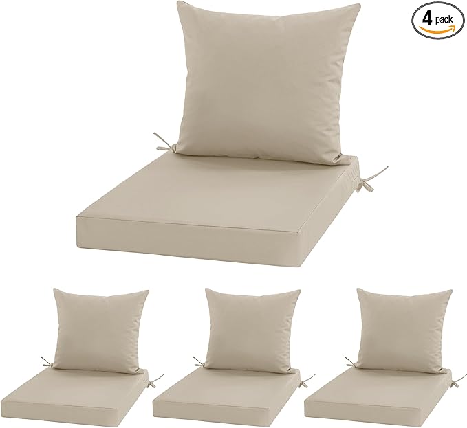 24x24 Inch Outdoor Cushions for Patio Furniture, Waterproof Outdoor Chair Cushions w/Fade-Resistant, Removable & Machine-Washable Covers, Deep Seat Sofa/Couch Pad Replacement – Set of 4, Cream