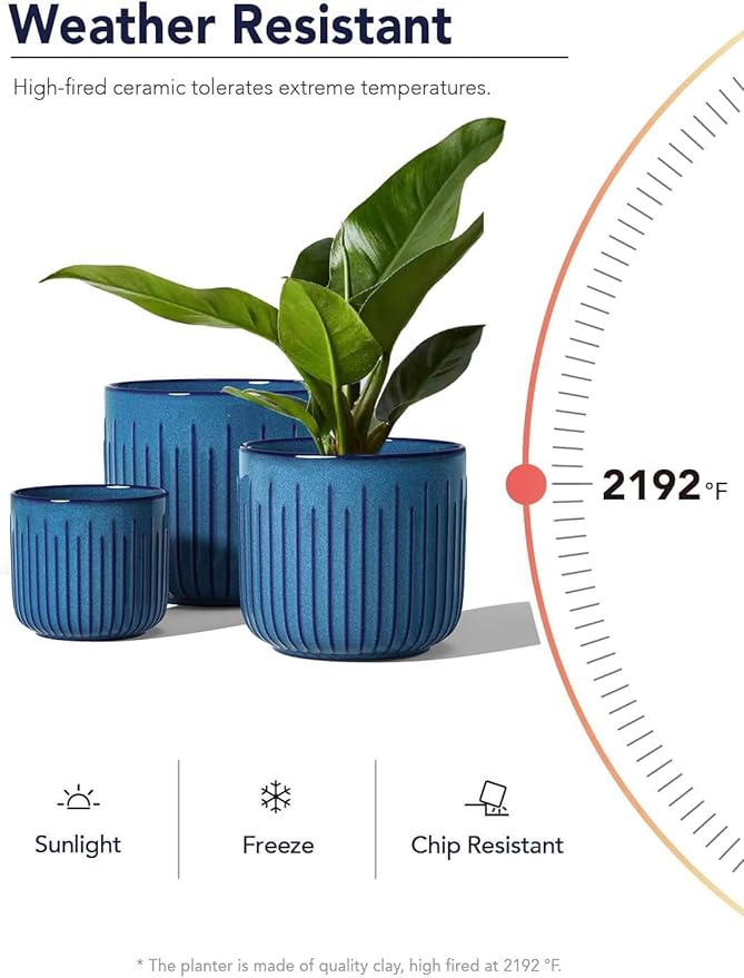 LE TAUCI Ceramic Pots for Plants, 8.3+6.9+5.7 inch Plant Pots Indoor, Flower Pots with Drainage Holes, Medium Cylinder Planters Pot for Indoor House Plants, Set of 3, Glaze Ocean Blue