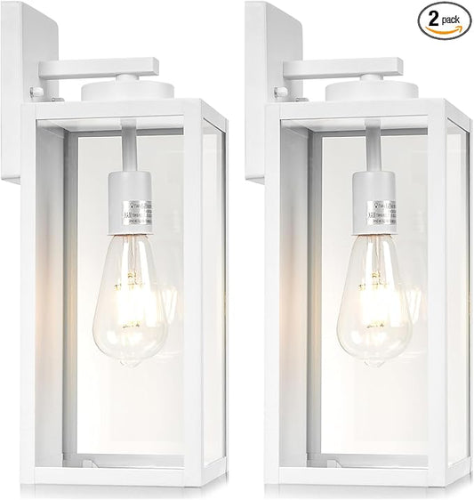 16-inch Large Outdoor Wall Light Fixture, White Exterior Wall Lantern Waterproof, Farmhouse Porch Sconce Lighting with Glass, Modern Outside Lights for House, Garage, Patio Lamp, 2 Packs