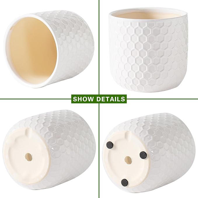 Docrin Ceramic Planters Indoor, 8 Inch Plant Pot with Drainage Holes for Home/Office - White Honeycomb