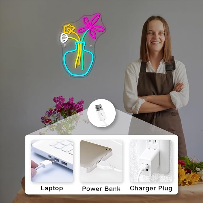 Flower Vase Neon Sign,Dimmable Neon Lights,Neon Flowers Sign for Wall Decor,Anime Flower Shape USB Connectivity Light Up Neon for Kids Room Girls Room Bar Birthday Party