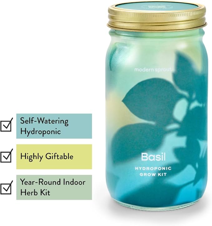 Modern Sprout Mason Garden Jar - Self-Watering Hydroponics Growing System Kit with Organic Herb Seeds - Jar Planter for Indoor Herb Garden - Seed Starter Kit - Home Decor & Gifting - Basil