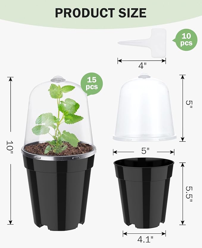 homenote Nursery Pots for Plants,5 Inch Plant Pot for Planting with Humidity Domes Plastic Seedling with Drainage Holes Seed Starter Flower with 10 Labels Black (15 Pack)