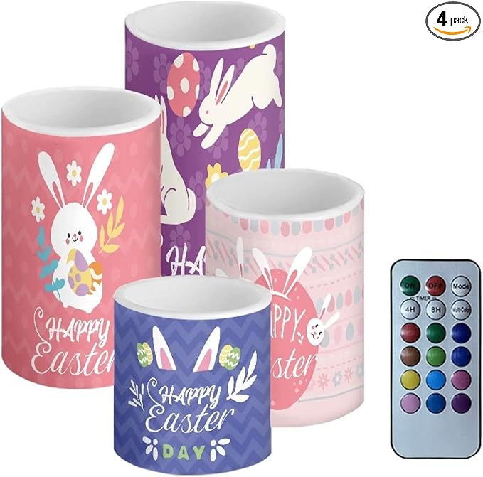 Happy Easter Flameless LED Battery Candles 4PCS Pillar Candles with 18-Key Timer Remote Color Changing Lights for Easter Party Day Celebration Decor, Cute Floral Bunny Rabbit