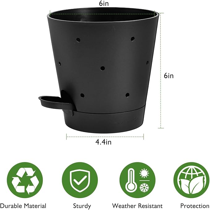Orchid Pots with Holes, 6 Inch Self Watering Orchid Pot 2 Pack Plastic Plant Pots for Orchid, Flower (Black)